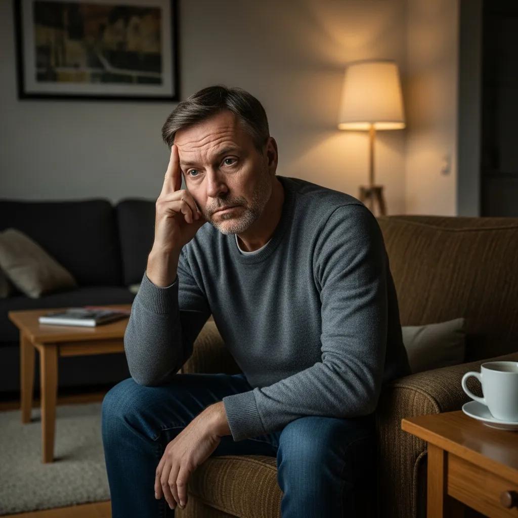 Middle-aged man at home showing fatigue and low energy