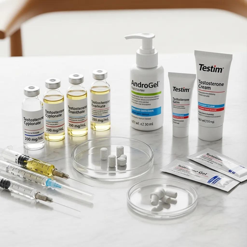 Examples of testosterone treatment options: injections, pellets, and topical gels
